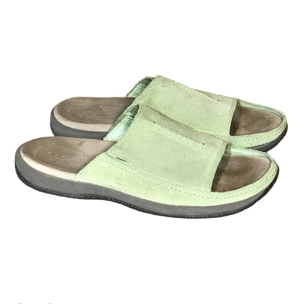 LL Bean Mint Sage Green Suede Leather Slide On Sandals Womens Size 8